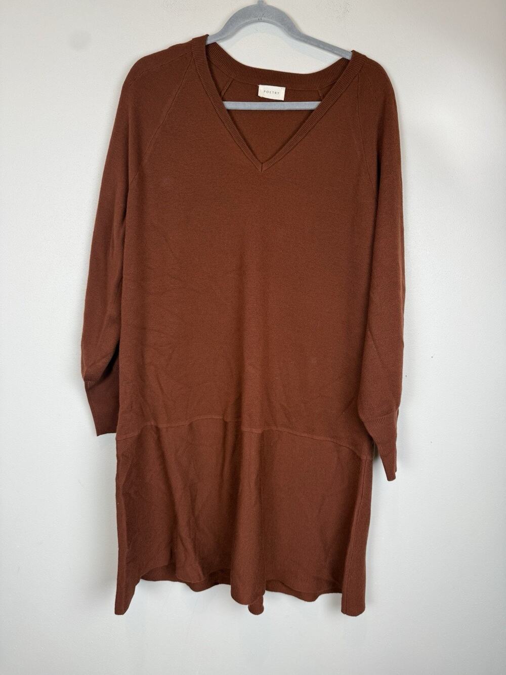 POETRY 100% Merino Wool Long Sleeve V-neck Sweater Dress Midi Brown Rust Sz 12